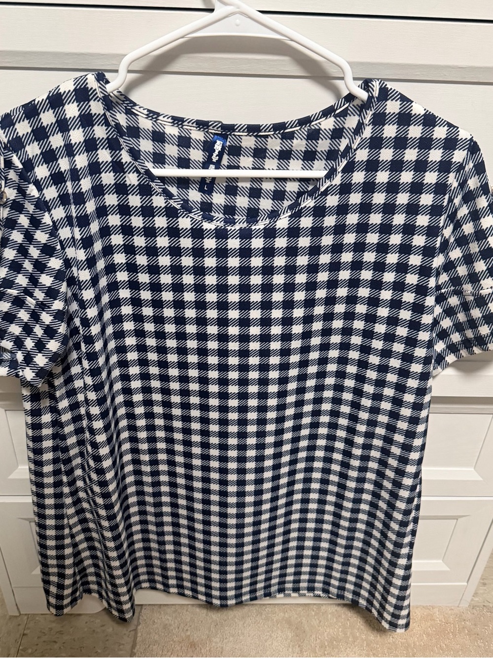 Women's Navy and White Gingham Short Sleeve top